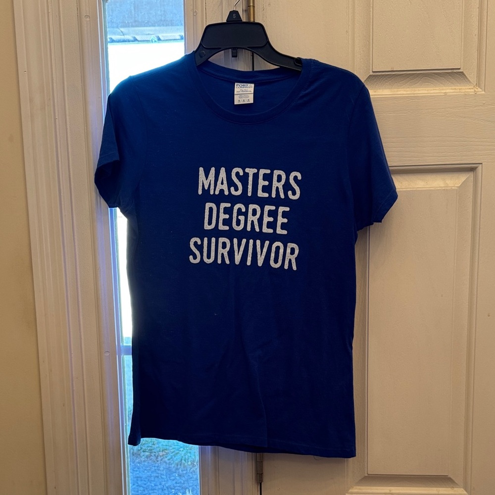 Blue Graphic Tee with White Text